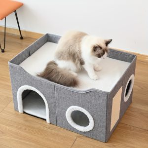 Nylon Cat House Condo with Scratching Pad - Multi-Level, Dual-Entry Pet Bed, Indoor Enclosed Kitty Shelter, Foldable and Durable Cat Furniture, Suitable for All Seasons