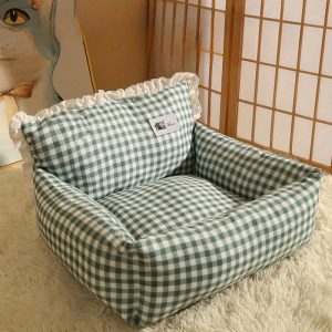 Cozy Plaid Lace Pet Bed for Medium Dogs & Cats - Warm Cotton Kennel Sofa with Comfortable Cushion