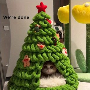 Christmas Tree Shaped Pet Bed, Washable Felt Cat Crib, Non-Woven Fabric, Round Cat Furniture, Assembleable, Synthetic Fiber, for Cats and Puppies