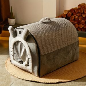 Large Gray Cat House, Contemporary Style, Soft & Warm, 15 lbs Capacity, Removable Cover, Pet Bed with Door Curtain, Polyester Fiber, Secure Home for Cats & Dogs