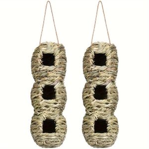 1pc Handwoven Reed Hummingbird House With 3 Openings, Natural Fiber Bird Cage, Bird Shelter