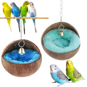 Natural Coconut Shell Bird Nesting House Bed Breeding Nesting Anti Pecking With Warm Pad And Bell For Bird Parrot Budgerigar Parakeet Parrot Parrot Canary Finches