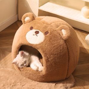 1pc Brown Bear Shaped Cat Beds For Indoor Cats, Thickened Pet Bed Portable Cat House