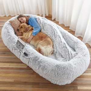 Luxurious Plush Human-Sized Dog Bed for Large & Medium Dogs - 71"x45"x12" Oval-Shaped, Non-Slip Bottom, Washable Faux Fur with Orthopedic Support Pillow and Blanket Included, Ideal for Humans & Pets, Cozy Pet Nest for Snuggling