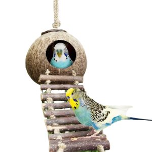 Coconut Shell Bird Nest with Ladder - 1pc Natural Hideaway and Play Toy for Pet Birds, Suitable for Small to Medium Species