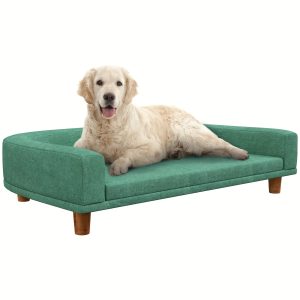 PawHut Dog Sofa Couch, Pet Bed with Comfortable Luxury Cushion, Washable Cover, Wooden Legs, Anti-slip Mat for Large Dogs, Cats, Kittens, Green