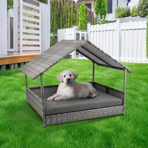 Wicker Dog House, Elevated Rattan Dog Bed With Canopy, Large Dog House Outdoor With Water Resistant Cushion, Outside Rattan Dog House For Small, Medium And Large Dogs With Protective Cover, Medium